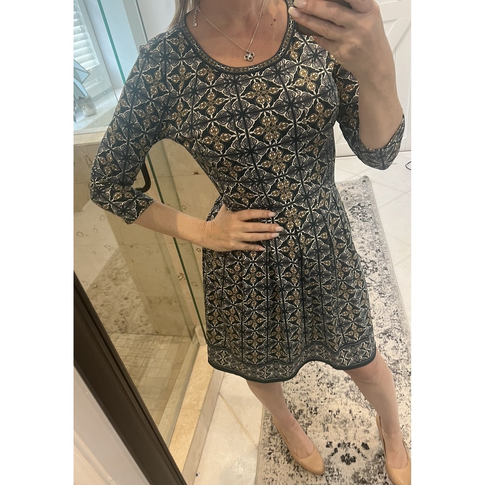 Max Studio Blue Green Yellow Flare Jersey Knit Shift Dress Small 3/4 Sleeve